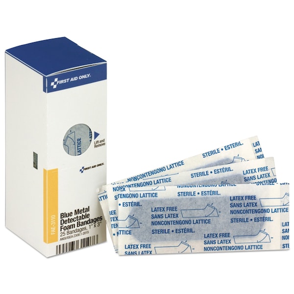 First Aid Only Metal Detectable Adhesive Bandages, Foam, Blue, 1 x 3, PK25, 25PK FAE-3110 - main